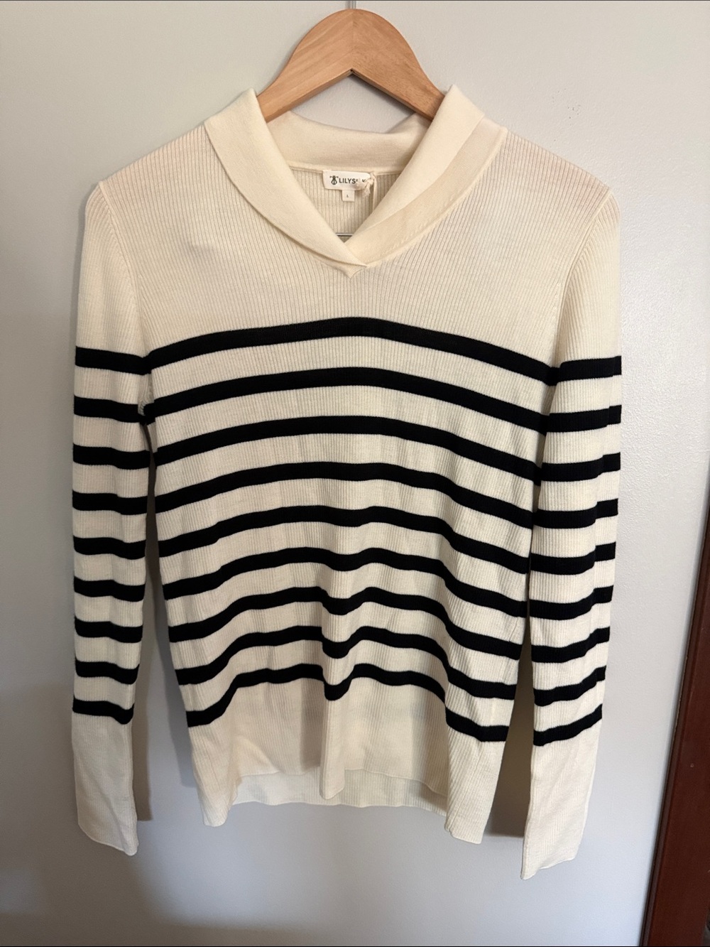 Lily Silk Cream and Black Striped V-Neck Sweater